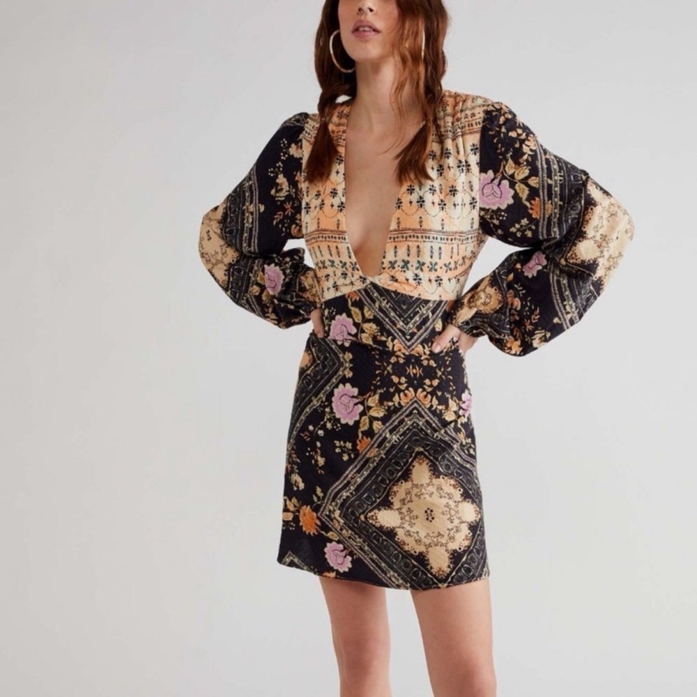 Free People Descanso Mini Dress Brown Floral Size S NWT Boho Hippie Peasant